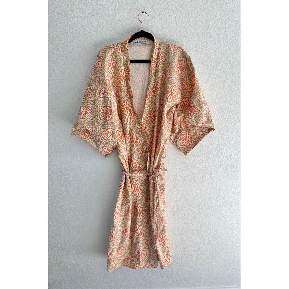 Sally Spicer Vintage Orange Olive Floral Damask‎ Kimono Robe Grannycore OS